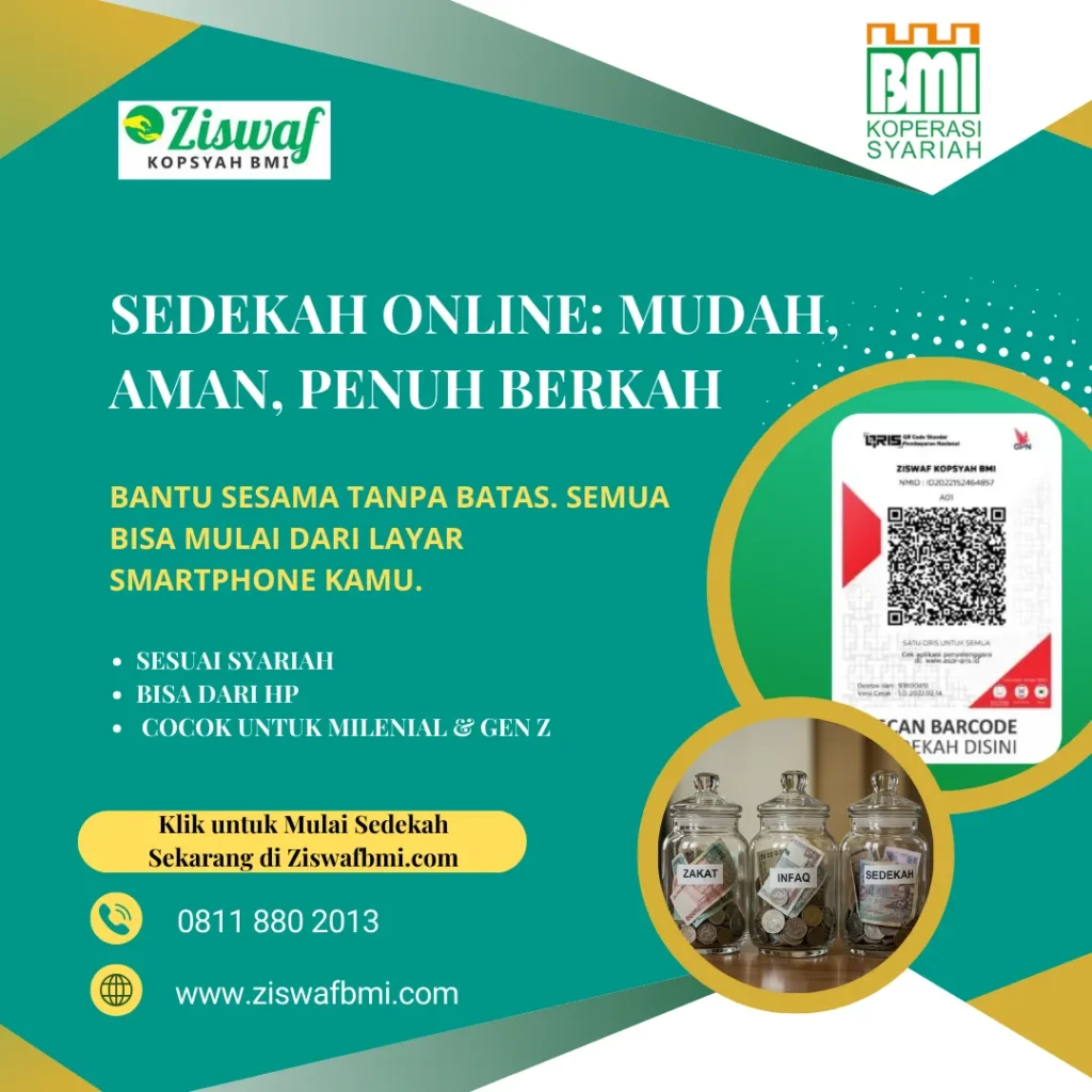 sedekah online Kopsyah BMI melalui Ziswafbmi.com yang menampilkan QRIS untuk donasi, ajakan berdonasi syariah, dan informasi kontak untuk generasi milenial dan Gen Z.