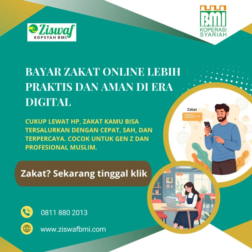 Zakat online lebih praktis dan aman di era digital melalui ziswafbmi.com – solusi bayar zakat lewat HP yang cepat, sah, dan terpercaya untuk Gen Z dan profesional Muslim.